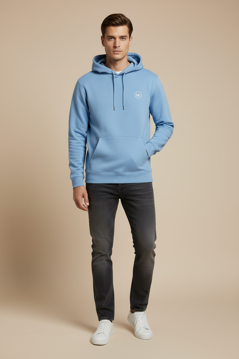 Light blue hoodie on model with correct M logo
