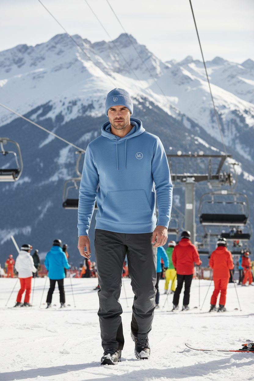 Light blue Millioni hoodie and beanie at ski resort